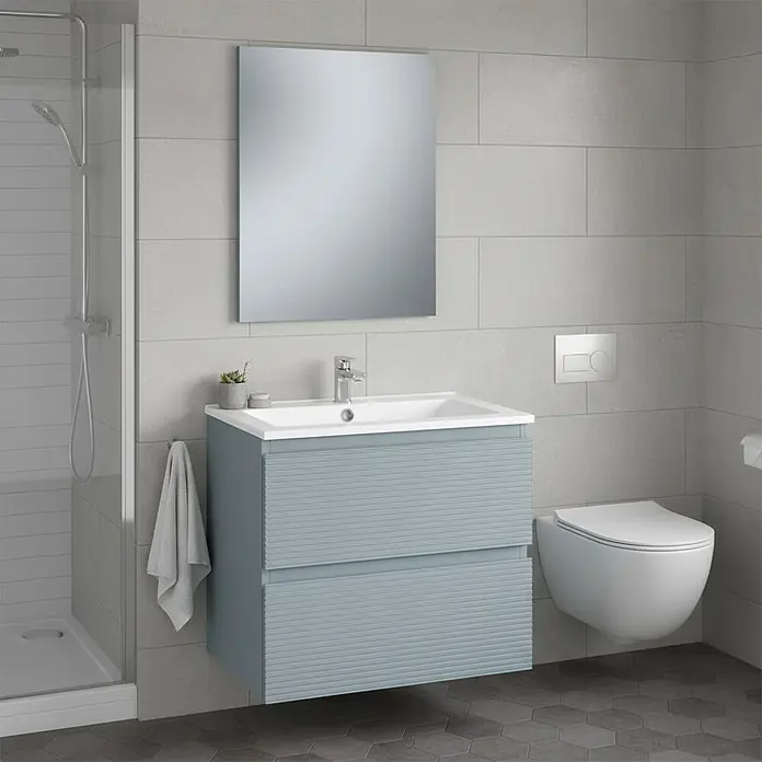 Conjunto de mueble de baño Cristal - Ancho: 60 cm, Azul, 3 pzs., Número de cajones: 2 ud. - Mueble de baño azul claro suspendido con cajones acanalados y lavabo blanco integrado.