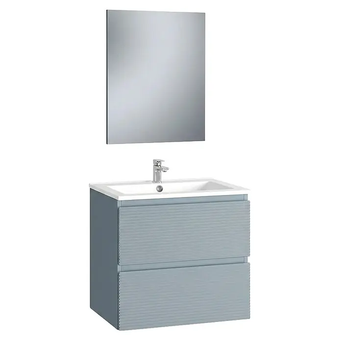Conjunto de mueble de baño Cristal - Ancho: 60 cm, Azul, 3 pzs., Número de cajones: 2 ud. - Mueble de baño gris azulado claro con cajones acanalados, lavabo blanco, grifo cromado y espejo rectangular.