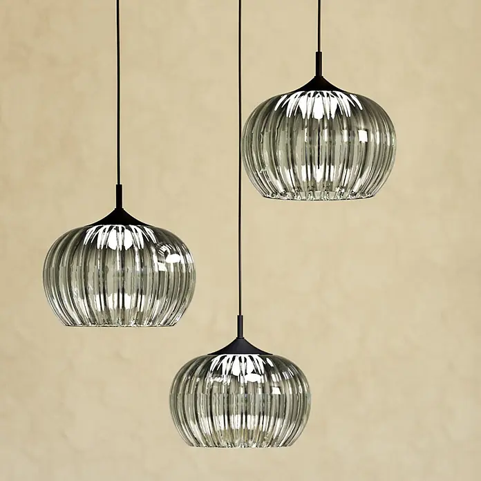 Eglo LED-Pendelleuchte rund - Ø x H: 42,5 x 110 cm, Grün, Schwarz, Warmweiß - Drei gerippte Pendelleuchten aus grauem Glas mit schwarzer Aufhängung.