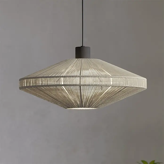 Eglo Pendelleuchte rund - 40 W, Ø x H: 38 x 110 cm, Schwarz - Moderne, hellbeige Pendelleuchte aus gewebtem Garn mit flachem, geometrischem Schirm und dunkelgrauer Fassung.