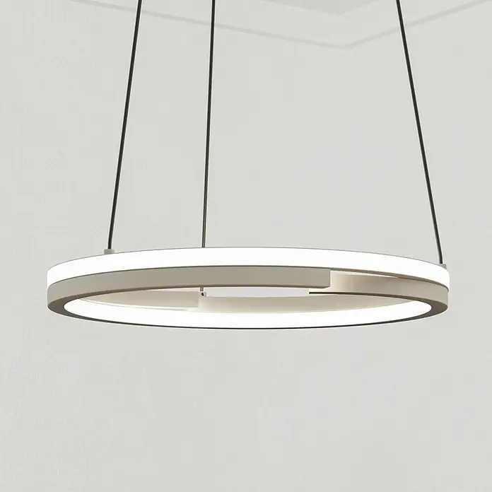Eglo LED-Pendelleuchte rund Mezzomonte - 20 W, Ø x H: 48 x 110 cm, Sandfarben, Warmweiß - Moderne runde LED-Pendelleuchte mit überlappenden Ringen. Schlankes hellgraues Metall-Design mit heller weißer Beleuchtung, an Kabeln hängend.