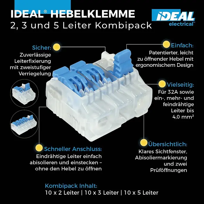 Ideal Hebelklemme 2/3/5-fach Gen II Kombipack - 30 Stk. - IDEAL elektrische Hebelklemmen in transparentem Gehäuse mit blauen Hebeln, ein Kombipack für 2, 3 und 5 Leiter.