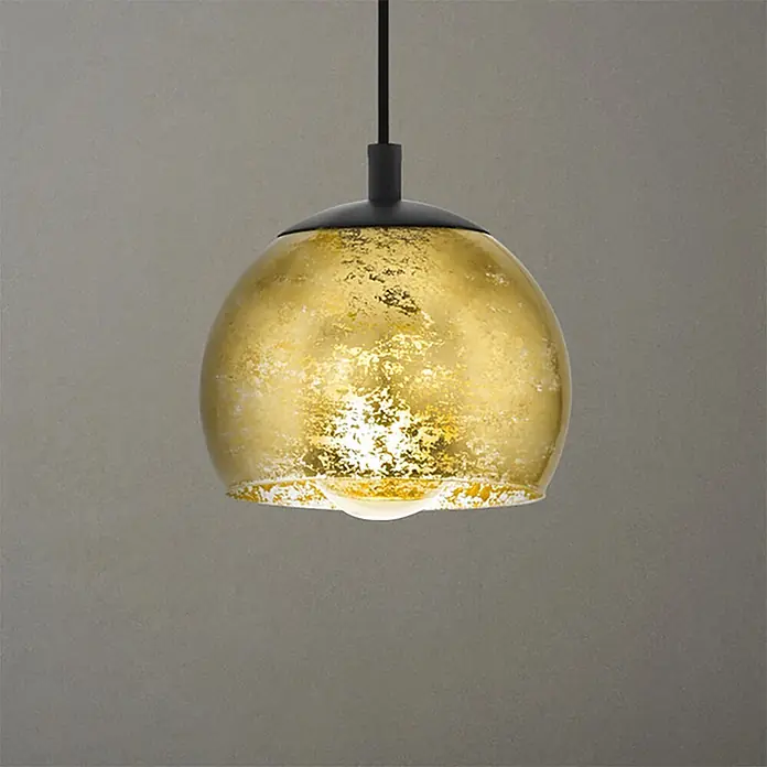 Eglo Pendelleuchte rund - 40 W, Ø x H: 19 x 110 cm, Schwarz - Runde Pendelleuchte mit strukturiertem Goldglasschirm und schwarzer Aufhängung.
