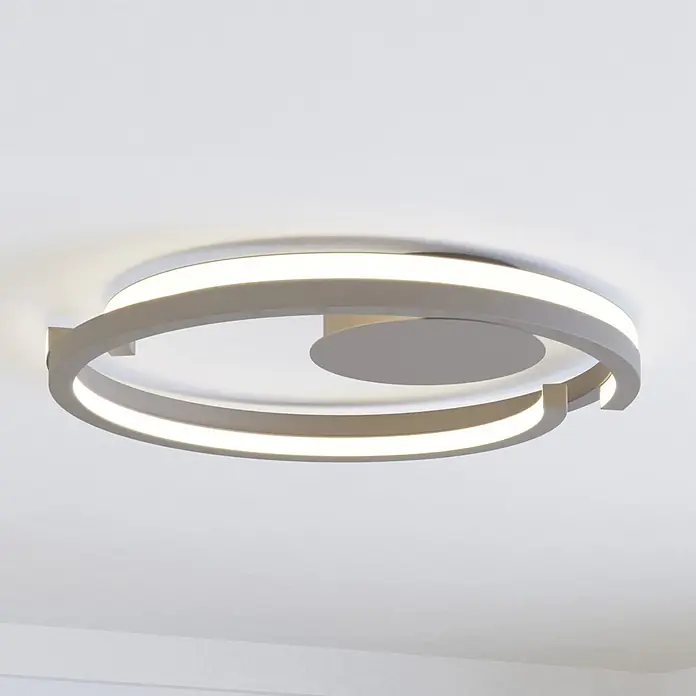 Eglo LED-Deckenleuchte rund Mezzomonte - 20 W, Ø x H: 48 x 5 cm, Sandfarben, Warmweiß - Moderne graue Metall-LED-Deckenleuchte mit kreisförmigem Design, konzentrischen Ringen und integrierten LED-Streifen.