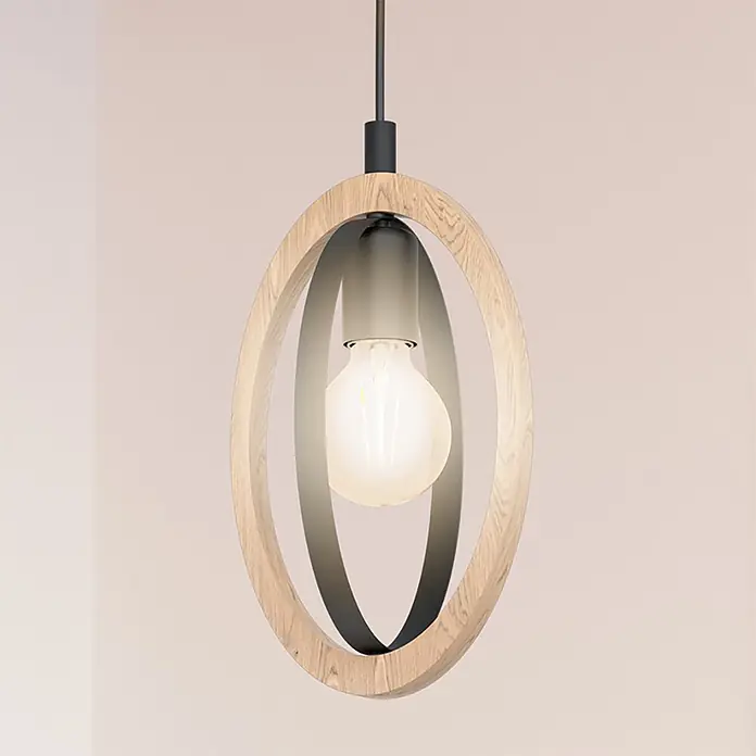 Eglo Basildon Hängelampe - 40 W, Ø x H: 19 x 110 cm, Schwarz, Braun, E27 - Ovale Pendelleuchte mit hellem Holz- und dunklem Metallring, inklusive leuchtender Glühbirne.