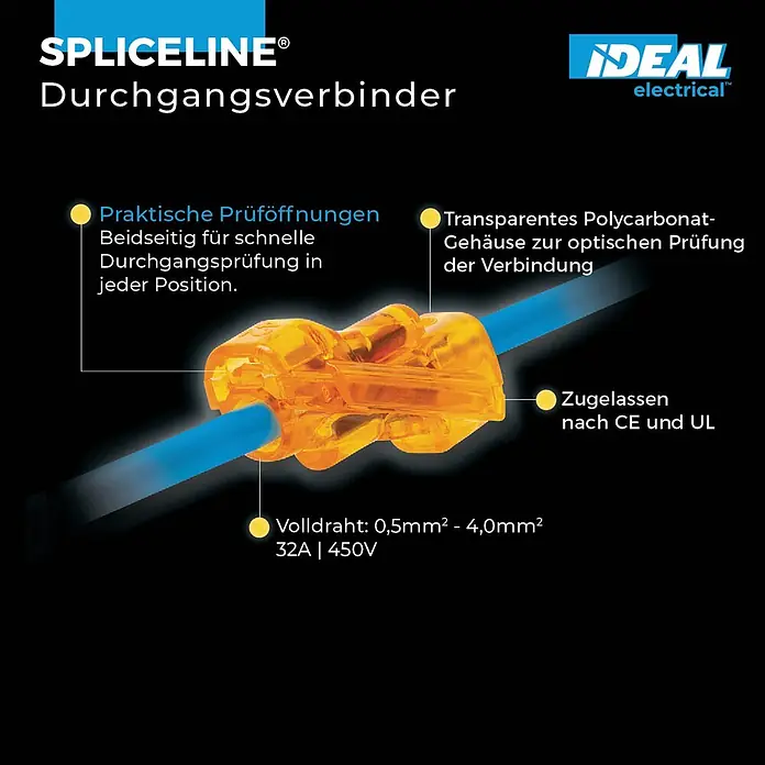 Ideal Stoßverbinder Drahtverbinder Spliceline 30-1042-10 - 10 Stk. - Transparent orangefarbener Durchgangsverbinder mit blauem Kabel, der sein Durchgangsdesign zeigt.