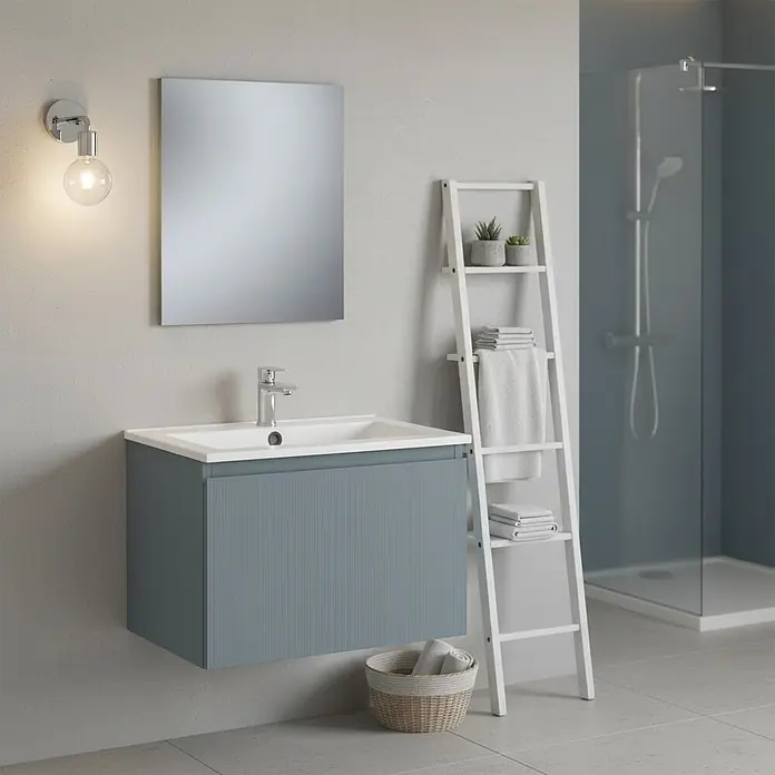 Conjunto de mueble de baño Cristal - Ancho: 60 cm, Azul, 3 pzs., Número de cajones: 1 ud. - Mueble de baño azul grisáceo montado en la pared con lavabo blanco, en un baño contemporáneo.