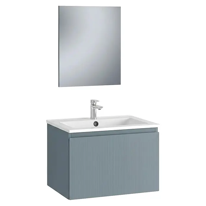 Conjunto de mueble de baño Cristal - Ancho: 60 cm, Azul, 3 pzs., Número de cajones: 1 ud. - Mueble de baño gris acanalado con lavabo blanco, grifo y espejo rectangular.