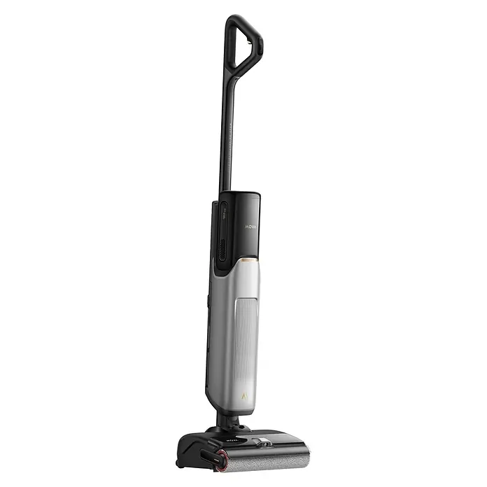 Mova Aspirador en seco y húmedo de batería X4 Pro - 450 W, Volumen de recipiente: 760 ml - Aspirador fregasuelos negro y plateado con detalles dorados y cepillo giratorio.