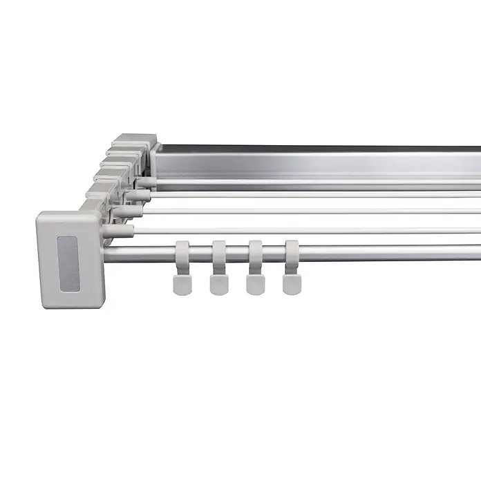 Stewi Wandwäschetrockner 370-1 - 11 cm, Farbe: alu - Hellgrauer ausziehbarer Wäschetrockner mit mehreren Stangen und Haken aus Kunststoff und Metall.