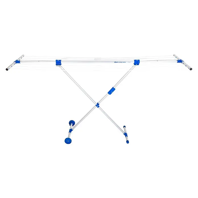 Stewi Stand-Wäscheständer 151 - L x B x H: 90 x 44 x 92 cm - Weiß-blauer, faltbarer Wäscheständer mit mehreren Leinen, Rädern auf einer Seite und blauen Füßen auf der anderen.