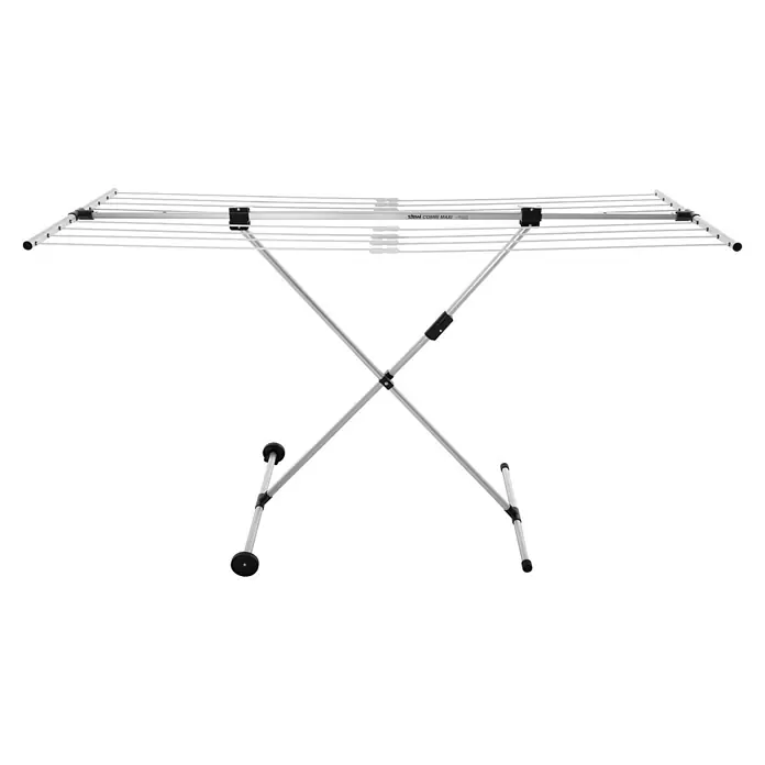 Stewi Flügel-Wäscheständer 2781 - L x B x H: 160 x 57 x 97 cm, alu / schwarz - Silbergrauer Wäscheständer mit X-förmigen Beinen, schwarzen Verbindungsstücken und weißen Leinen, mit Rollen für leichte Bewegung.