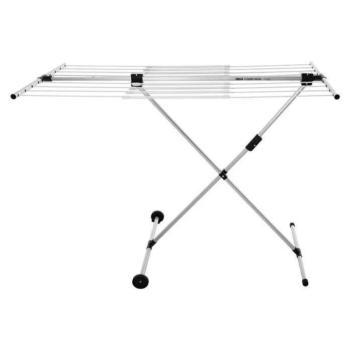 Stewi Flügel-Wäscheständer 2781 - L x B x H: 160 x 57 x 97 cm, alu / schwarz - Silbernes und schwarzes Wäschetrockengestell mit mehreren horizontalen Leinen und einem Kreuzrahmen, eine Seite mit Rollen.