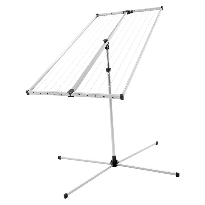 Stewi Flügel-Wäscheständer 2921 - L x B x H: 165 x 75 x 110 cm, alu / schwarz - Silberfarbener, tragbarer Wäscheständer mit weißen Leinen und schwarzem sternförmigem Fuß.