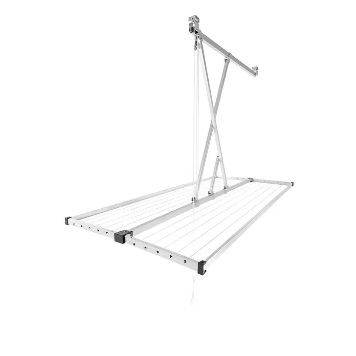 Stewi Deckenwäschetrockner 3321 - L x B: 165 x 75 cm, alu / schwarz - Silberner Deckenwäscheständer mit mehreren weißen Trockenleinen und Seilzugsystem.