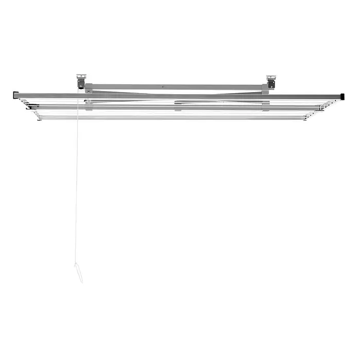 Stewi Deckenwäschetrockner 3321 - L x B: 165 x 75 cm, alu / schwarz - Silberner Deckenwäscheständer mit mehreren Leinen und weißer Zugschnur.