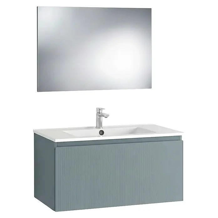 Conjunto de mueble de baño Cristal - Ancho: 80 cm, Azul, 3 pzs., Número de cajones: 1 ud. - Mueble de baño gris claro de pared con textura acanalada, lavabo cerámico blanco, grifo cromado y espejo rectangular.