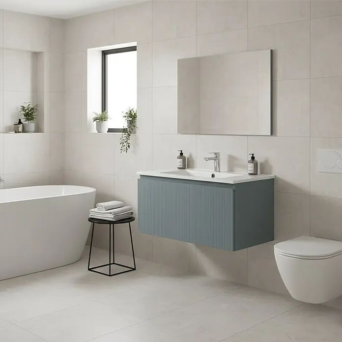 Conjunto de mueble de baño Cristal - Ancho: 80 cm, Azul, 3 pzs., Número de cajones: 1 ud. - Tocador flotante azul verdoso con frente acanalado, lavabo y grifo en un baño moderno.