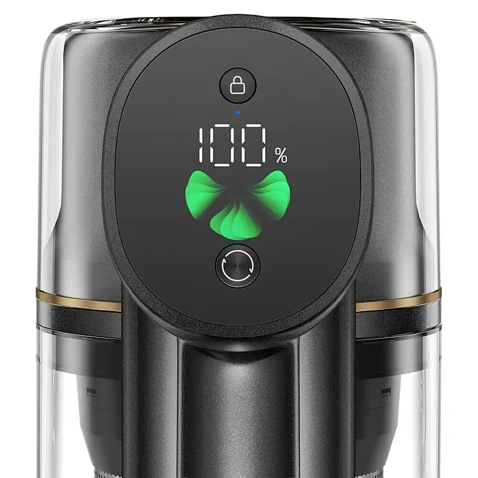 Mova Aspirador de batería S5 Sense - 570 W, Volumen de recipiente: 0,6 l - Primer plano de un dispositivo gris oscuro y transparente con pantalla digital (100% e íconos), botón de modo y detalle dorado.