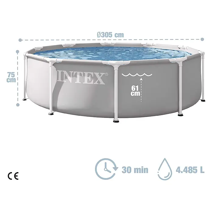 Intex Piscina Frame Prisma Rondo - Ø x Al: 305 x 76 cm, Gris, 4.485 l - Piscina elevada Intex octogonal gris con estructura blanca, llena de agua azul.