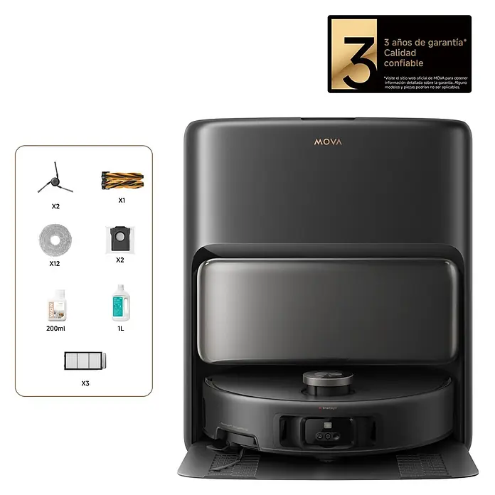 Mova Robot aspirador con mopa V50 Ultra Complete - Potencia de aspiración: 24.000 Pa, Capacidad del robot: 300 ml - Robot aspirador MOVA gris oscuro y estación de autovaciado con kit de accesorios (cepillos, mopas, bolsas, líquidos, filtros). Con 3 años de garantía.