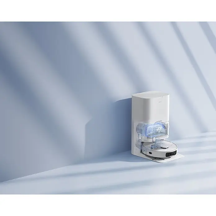 Mova Robot aspirador con mopa E30 Ultra - Potencia de aspiración: 7.000 Pa, Capacidad del robot: 300 ml - Robot aspirador blanco en estación de auto-vaciado, con diagrama azul de transferencia de polvo.