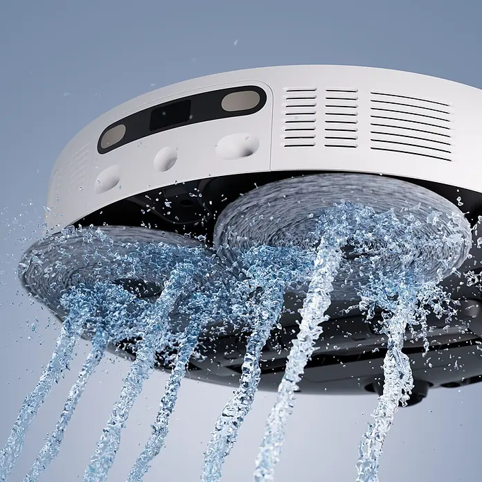 Mova Robot aspirador con mopa E30 Ultra - Potencia de aspiración: 7.000 Pa, Capacidad del robot: 300 ml - Robot limpiador blanco con fregonas húmedas giratorias que rocían agua para limpiar.