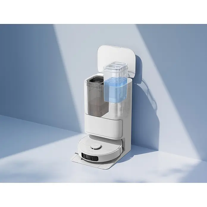 Mova Robot aspirador con mopa E30 Ultra - Potencia de aspiración: 7.000 Pa, Capacidad del robot: 300 ml - Robot aspirador blanco acoplado a su estación, con tanques de agua limpia y sucia visibles.