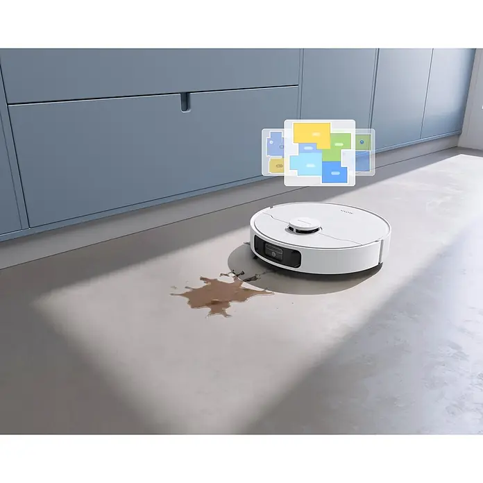 Mova Robot aspirador con mopa E30 Ultra - Potencia de aspiración: 7.000 Pa, Capacidad del robot: 300 ml - Un robot aspirador blanco cerca de un derrame de líquido en un suelo claro, mostrando navegación inteligente con un mapa digital.