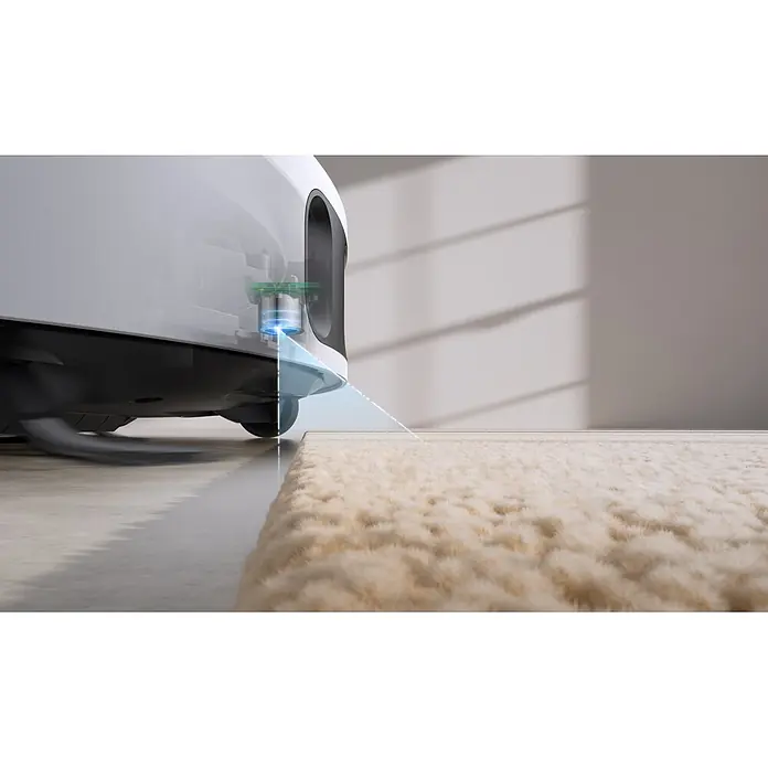 Mova Robot aspirador con mopa E30 Ultra - Potencia de aspiración: 7.000 Pa, Capacidad del robot: 300 ml - Robot aspirador blanco y gris utiliza un sensor láser azul para detectar la transición de suelo duro a alfombra mullida y clara.