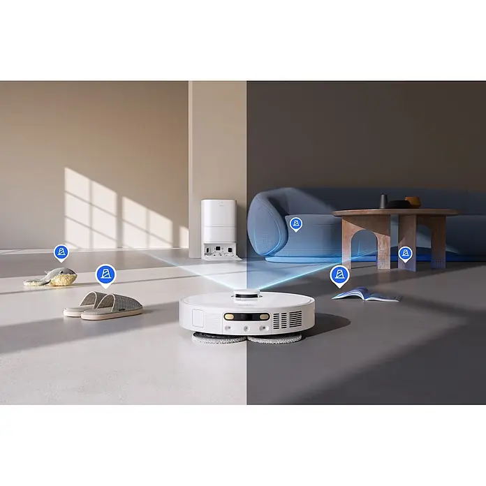 Mova Robot aspirador con mopa E30 Ultra - Potencia de aspiración: 7.000 Pa, Capacidad del robot: 300 ml - Robot aspirador blanco navegando por una habitación moderna, demostrando la detección de objetos con líneas luminosas.