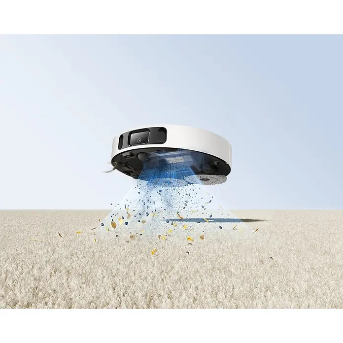 Mova Robot aspirador con mopa E30 Ultra - Potencia de aspiración: 7.000 Pa, Capacidad del robot: 300 ml - Robot aspirador blanco limpia alfombra beige, aspirando suciedad con flujo de aire visible.