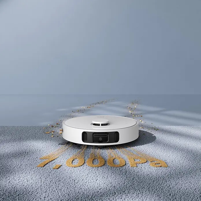 Mova Robot aspirador con mopa E30 Ultra - Potencia de aspiración: 7.000 Pa, Capacidad del robot: 300 ml - Robot aspirador blanco sobre alfombra gris, limpiando suciedad que forma "7.000Pa", mostrando su potente succión.