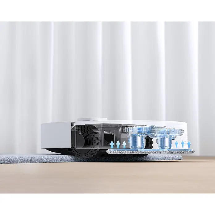 Mova Robot aspirador con mopa E30 Ultra - Potencia de aspiración: 7.000 Pa, Capacidad del robot: 300 ml - Robot aspirador blanco, vista en corte revela mecanismo de limpieza interno, almohadillas de mopa y flechas de flujo de aire sobre alfombra y suelo.
