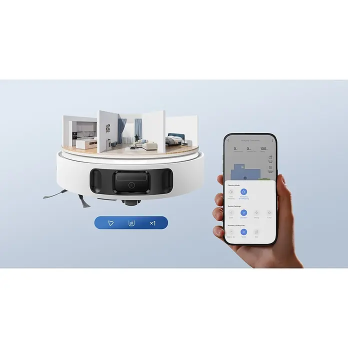 Mova Robot aspirador con mopa E30 Ultra - Potencia de aspiración: 7.000 Pa, Capacidad del robot: 300 ml - Robot aspirador blanco con interior de casa recortado, controlado por una app de smartphone que muestra modos de limpieza, succión y fregado.