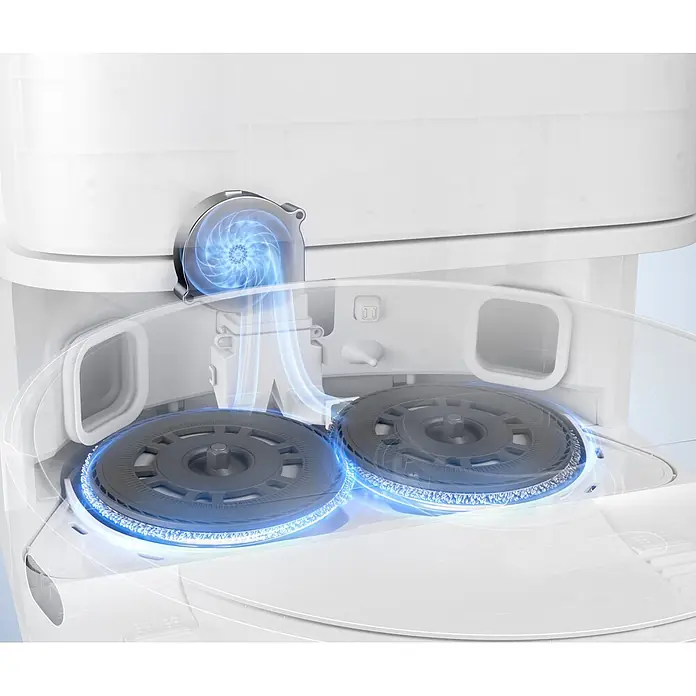 Mova Robot aspirador con mopa E30 Ultra - Potencia de aspiración: 7.000 Pa, Capacidad del robot: 300 ml - Vista interna de una base de limpieza blanca con dos almohadillas giratorias grises y un mecanismo de secado de aire azul.