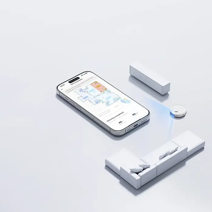 Mova Robot aspirador con mopa E30 Ultra - Potencia de aspiración: 7.000 Pa, Capacidad del robot: 300 ml - Robot aspirador blanco escaneando una habitación, controlado por un smartphone plateado con mapa de limpieza.
