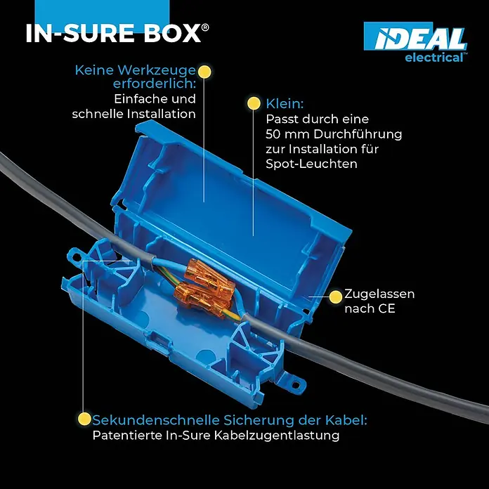 Ideal Kabelbox In-Sure Box 30-4000-1 - 1 Stk. - Geöffnete blaue Kunststoff-IN-SURE BOX Abzweigdose mit orangefarbenen Drahtverbindern und grauem Kabel.