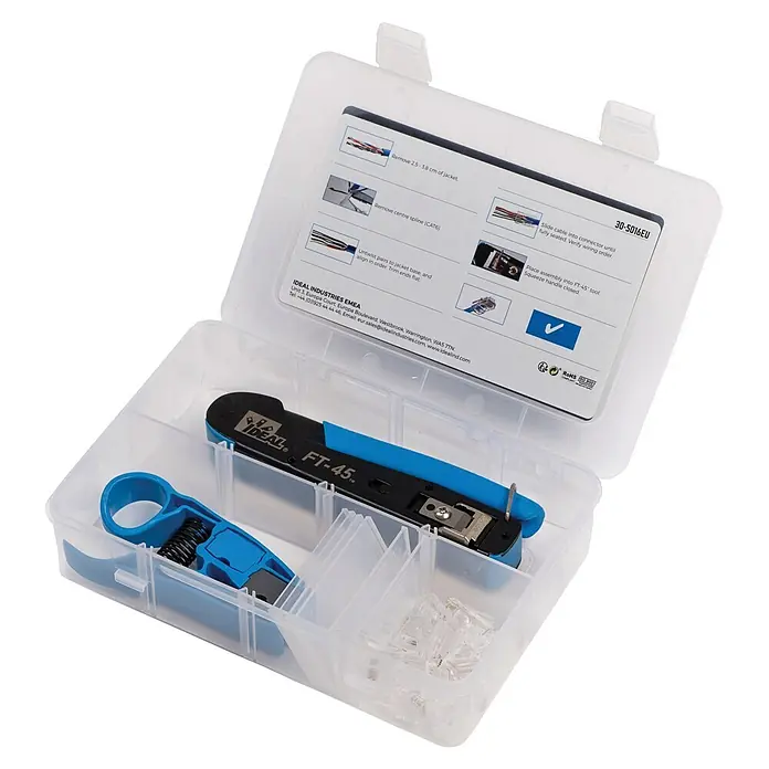 Ideal Anschluss-Set mit Cripwerkzeug, Prep-PRO Abisolierwerkzeug, CAT5e Modularstecker RJ-45 - Blau, 12 Stk. - Blaues Netzwerkkabel-Crimpwerkzeug, Abisolierzange und RJ45-Stecker in Klarsichtbox.