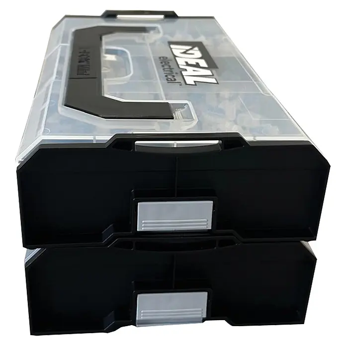 Ideal Hebelklemme L-Boxx Mini - 225 Stk. - Gestapelte schwarze und transparente Kunststoff-Organizerboxen mit Schubladen und Tragegriff für Kleinteile.