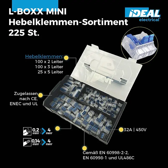 Ideal Hebelklemme L-Boxx Mini - 225 Stk. - L-BOXX MINI Sortiment mit 225 transparenten und blauen Hebelklemmen für elektrische Verdrahtung, übersichtlich in einer Box angeordnet.