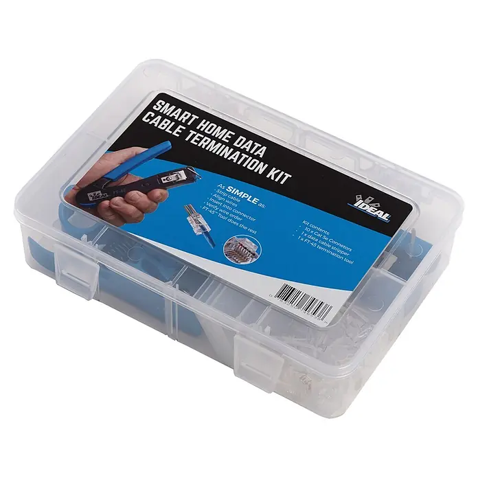 Ideal Anschluss-Set mit Cripwerkzeug, Prep-PRO Abisolierwerkzeug, CAT5e Modularstecker RJ-45 - Blau, 12 Stk. - Durchsichtiges Plastikset zur Smart-Home-Datenkabel-Terminierung mit IDEAL Cat 5e Steckern und FT-45 Werkzeug.
