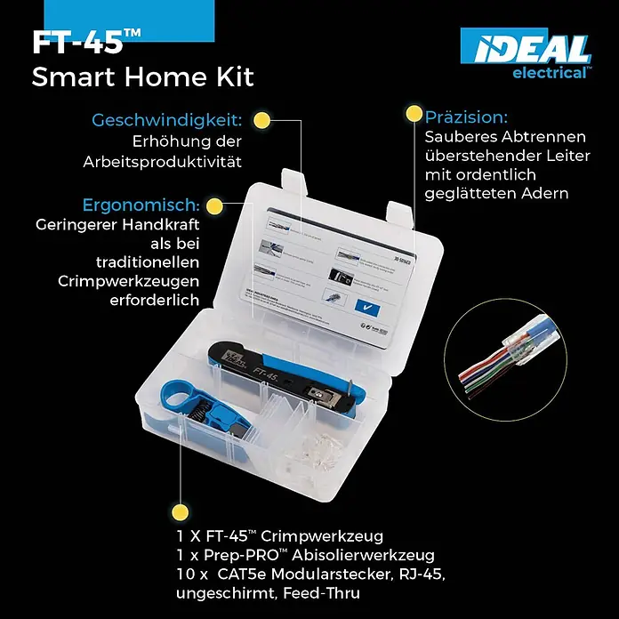 Ideal Anschluss-Set mit Cripwerkzeug, Prep-PRO Abisolierwerkzeug, CAT5e Modularstecker RJ-45 - Blau, 12 Stk. - FT-45 Smart Home Kit: Crimpzange, Abisolierwerkzeug und 10 RJ-45 Stecker in transparenter Box.