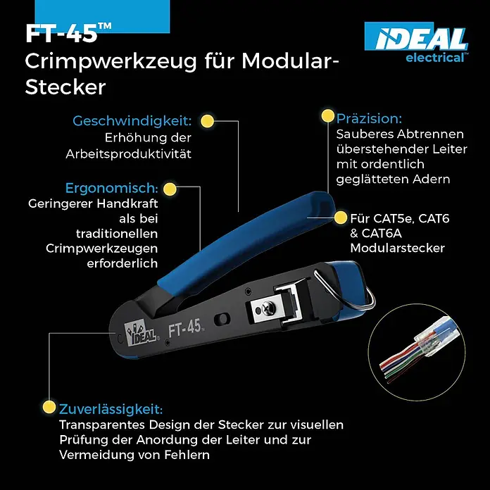 Ideal Crimpzange für Modular-Stecker FT-45 - Länge: 27,94 cm, Blau - IDEAL electrical FT-45 Crimpwerkzeug mit blauem Griff für CAT5e/6/6A Modularstecker, gezeigt mit einem klaren Steckerbeispiel.