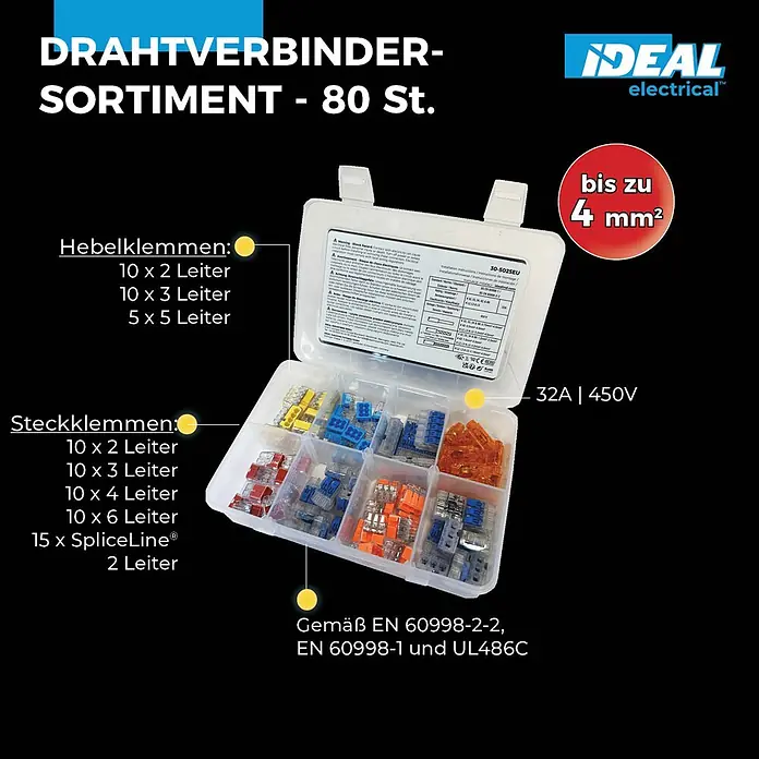 Ideal Steckklemmen-Box Push-In-Steckklemmen und HebelklemmenSortiment 30-5005EU - 80 Stk. - IDEAL electrical Drahtverbindersortiment: 80 Hebel- & Steckklemmen für Kabel bis 4mm², 32A/450V.