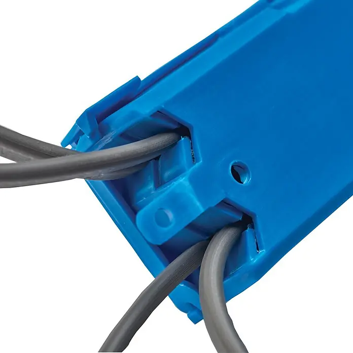 Ideal Kabelbox In-Sure Box 30-4000-1 - 1 Stk. - Blauer Kunststoff-Elektroverbinder mit angeschlossenen grauen Kabeln.