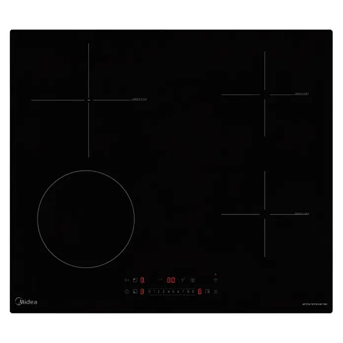 Midea Set de horno empotrado MIH743E325 - Número de tipos de calentamiento: 9 ud., Negro y Inox, 2 pzs. - Placa de inducción Midea negra con cuatro zonas de cocción: una circular, tres en cruz. Con pantallas digitales rojas y controles táctiles.