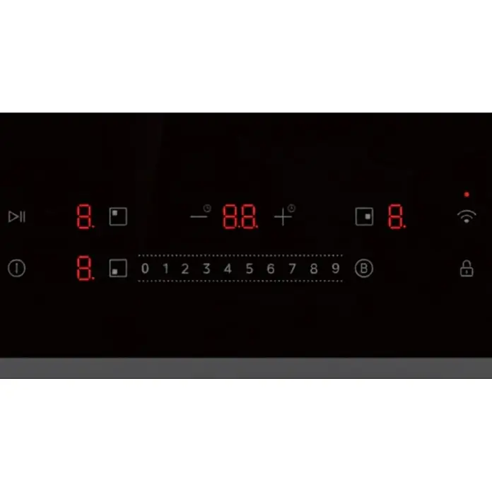 Midea Set de horno empotrado MIH743E325 - Número de tipos de calentamiento: 9 ud., Negro y Inox, 2 pzs. - Panel de control negro de placa de inducción con pantallas LED rojas que muestran ajustes, temporizador y símbolos.