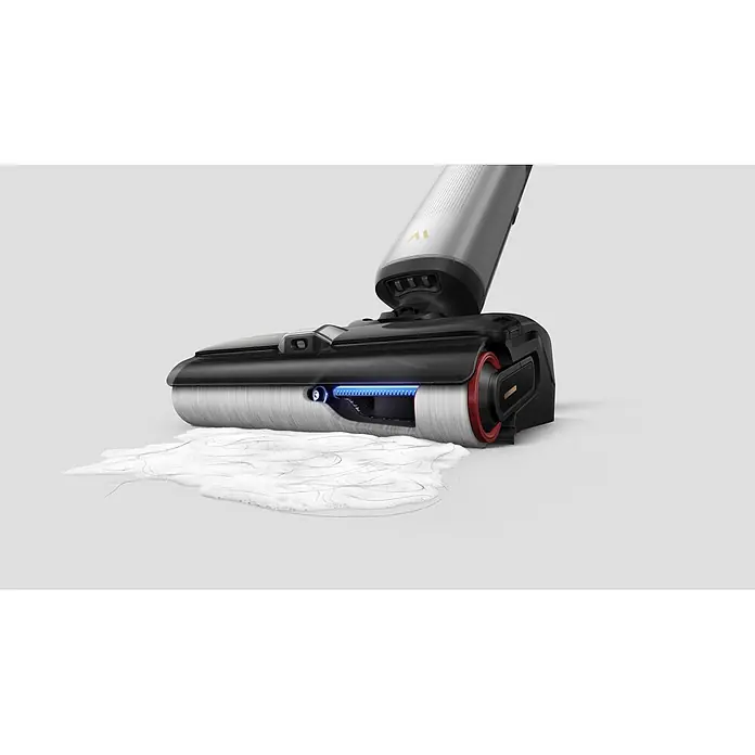 Mova Aspirador en seco y húmedo de batería X4 Pro - 450 W, Volumen de recipiente: 760 ml - Cabezal de limpiador de suelos negro y plateado con cepillo giratorio y luz azul, limpiando espuma y pelo.