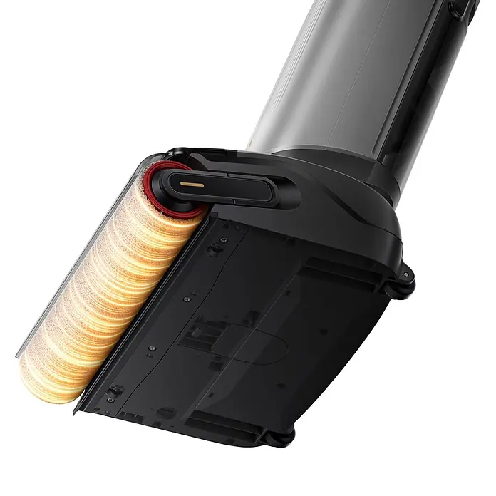 Mova Aspirador en seco y húmedo de batería X4 Pro - 450 W, Volumen de recipiente: 760 ml - Parte inferior de un cabezal de aspiradora negro con cepillo de rodillo suave amarillo y ruedas.